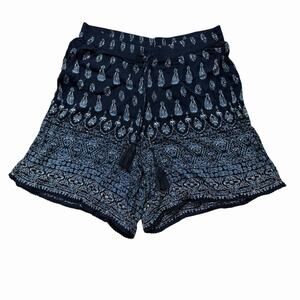 Westport 1962 Womens Boho Paisley Rayon Shorts Blue Tassel Drawstring Sz 1X